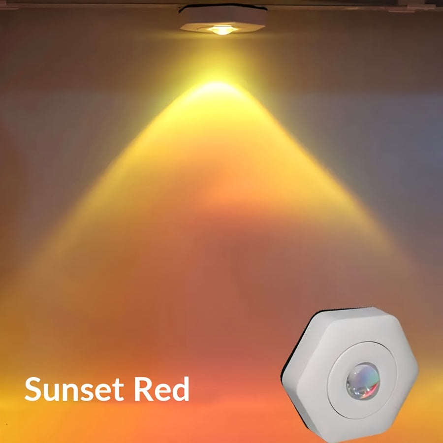 Creative white hexagonal cat eye sunset red projection sunset lamp with touch dimmable LED technology, battery powered for cabinet and wall lighting.