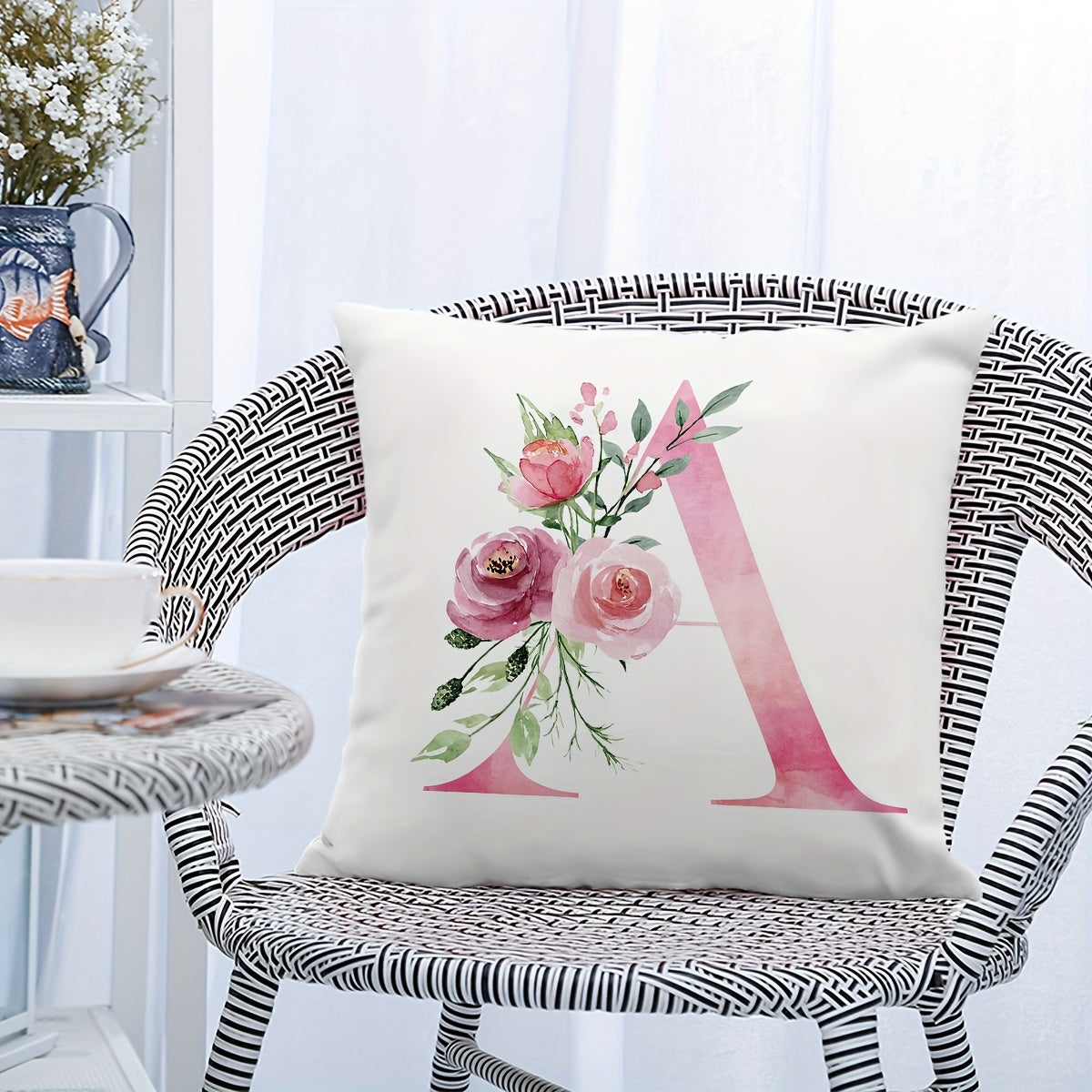 18x18 inch Alphabet Floral Pillow Cover featuring A to Z English Letters in pink print. Ideal for adding a contemporary touch to sofa, living room, or bedroom decor. Single-sided printing, insert not included.