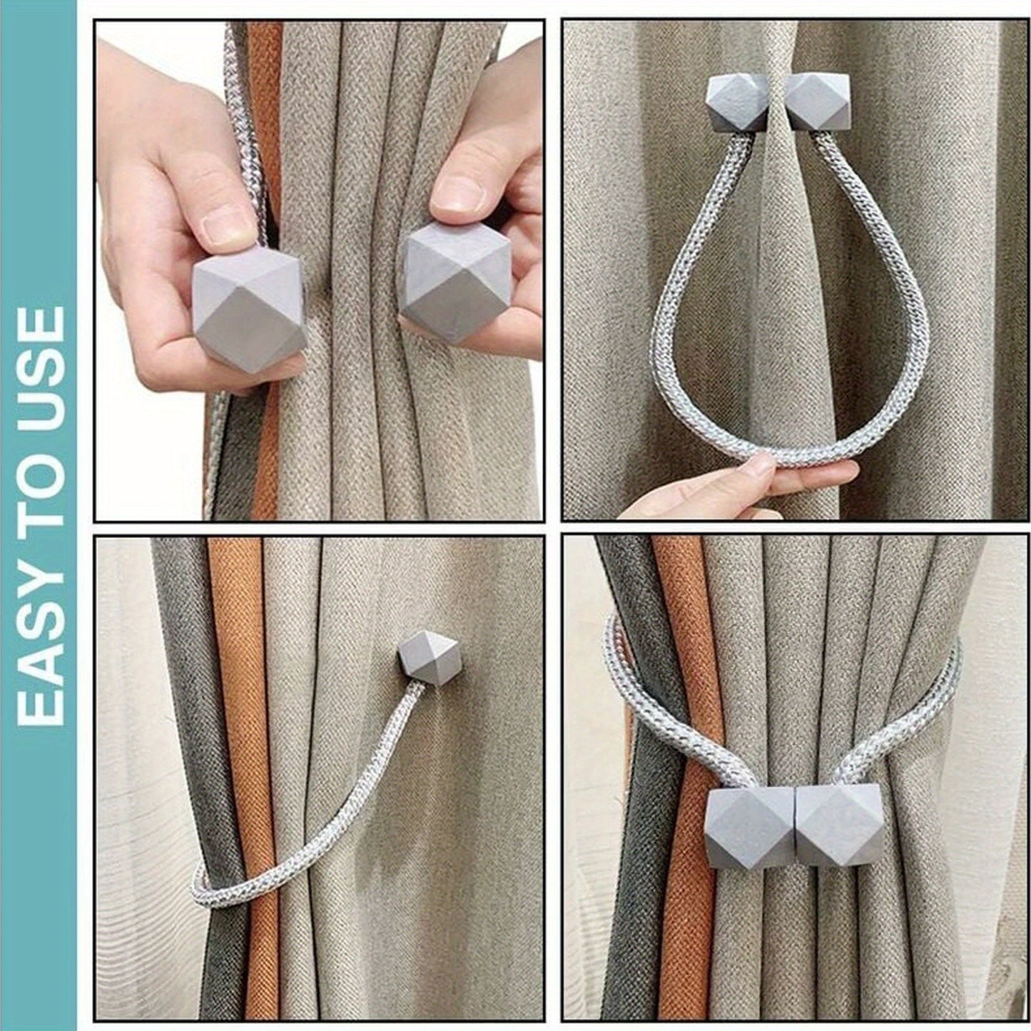 Cube-shaped Magnetic Curtain Tiebacks Set - 4 Pieces of Classic Style Holdbacks with Strong Magnet and Thick Rope Design for Bedroom, Living Room, Kitchen - Durable Plastic Home Decor Accessory