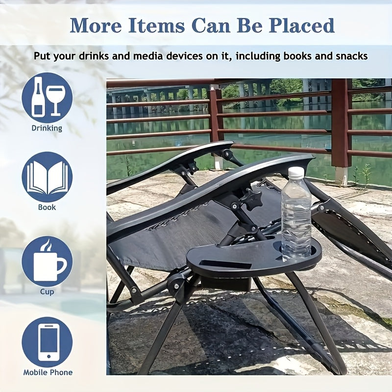 A durable outdoor camping accessory, the 1pc Portable Folding Chair Side Table Attachment in black plastic features a beverage and snack storage tray. It requires no electricity and is perfect for on-the-go use.