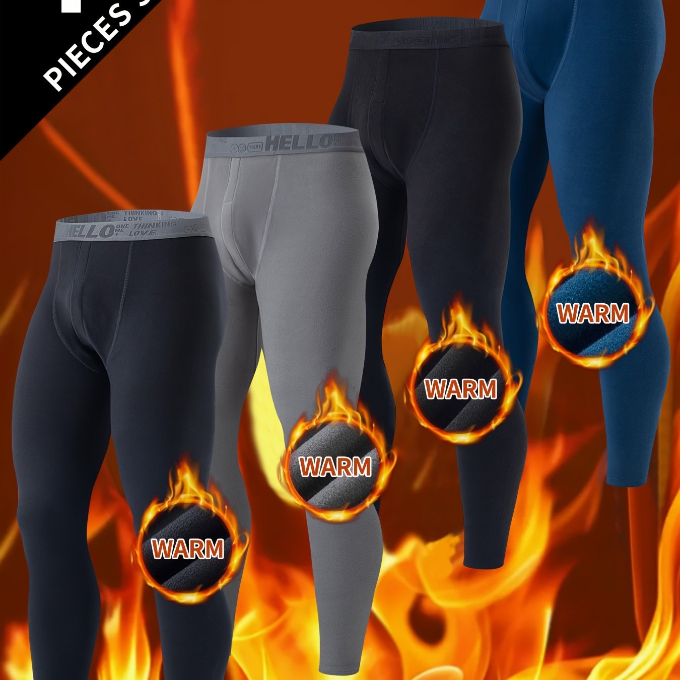 4-Pack Men's Winter Warmth Leggings in solid color, made of polyester knit fabric with 5% elastane for comfort and slight stretch, ideal base layer for fall/winter.