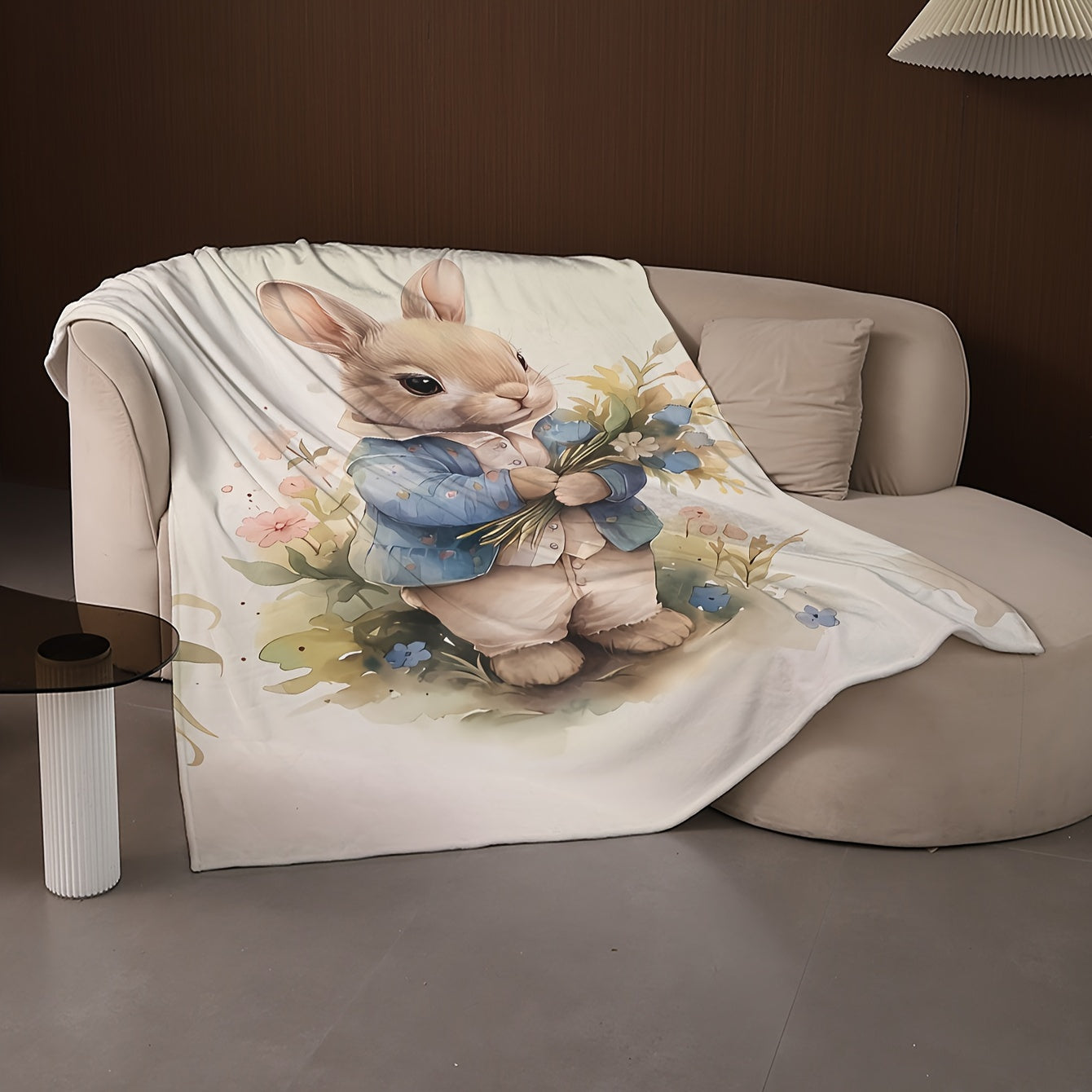 Cozy Cartoon Bunny Printed Blanket - This blanket features a charming cartoon bunny design, perfect for adding a touch of whimsy to any space. Made from soft and warm knit polyester coral fleece, this blanket is ideal for year-round use. The digital