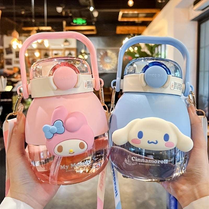 Large 35.5oz Sanrio water bottle featuring Kuromi & Melody designs. Leakproof with straw, portable for travel & fitness. Made of Tritan material, hand-wash only.