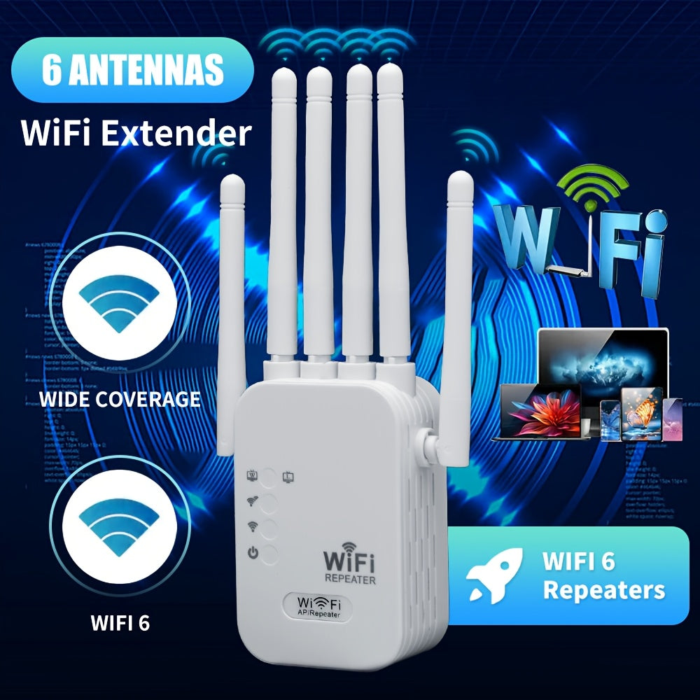 Introducing the 2024 Wifi Extender with Wifi 6, 1200Mbps speed, 6 antennas, AP mode, and Ethernet ports.