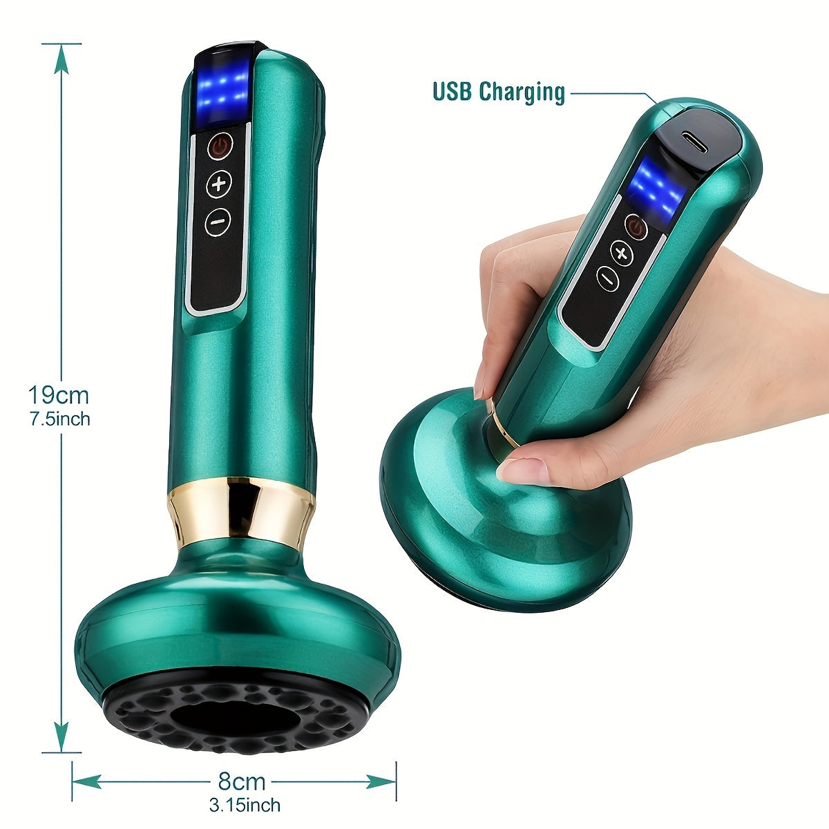 Cloud Prime Electric Vacuum Cupping Massager with 6/12 levels, USB rechargeable with 1800mAh battery. Available in White, Green, Gray.