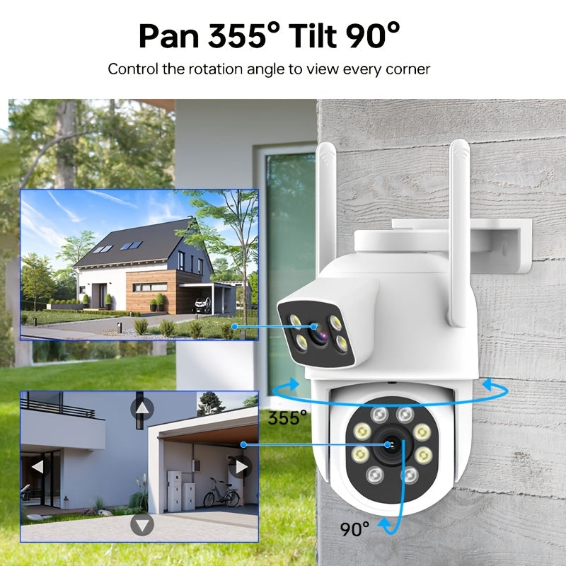 The ZHXINSD Dual Lens WiFi Security Camera offers 2MP+2MP resolution, full color night vision, auto tracking, IP65 waterproof rating, 2.4/5G PTZ capabilities, human detection, 2-way audio, and USB powered functionality for both home and outdoor