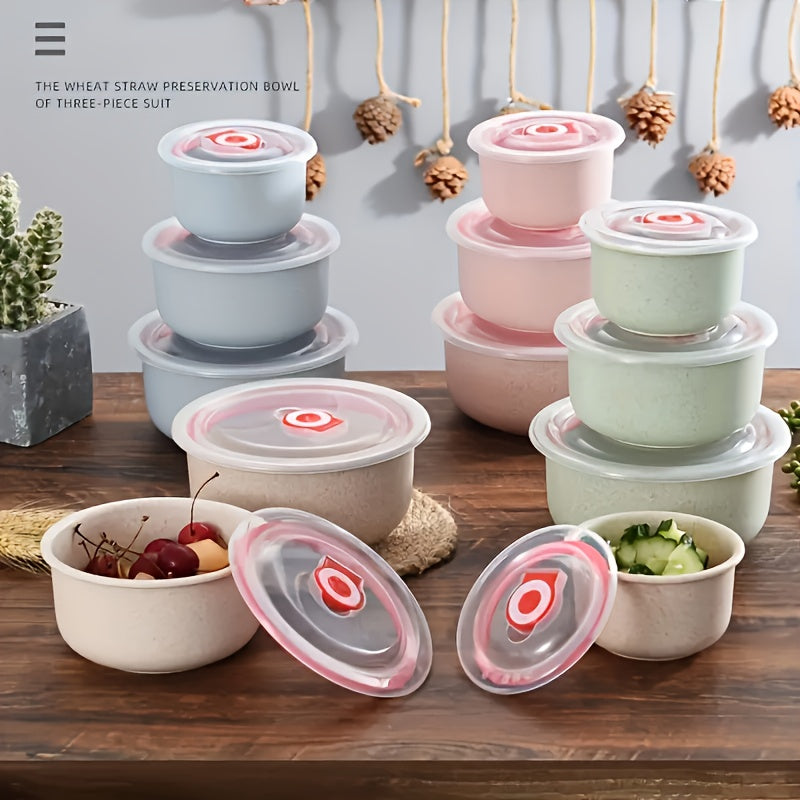 Set of three food storage containers made from wheat straw material, featuring flip top lids. Versatile, eco-friendly, hand wash recommended, microwave-safe, round bowls with sealable lids for preserving food.