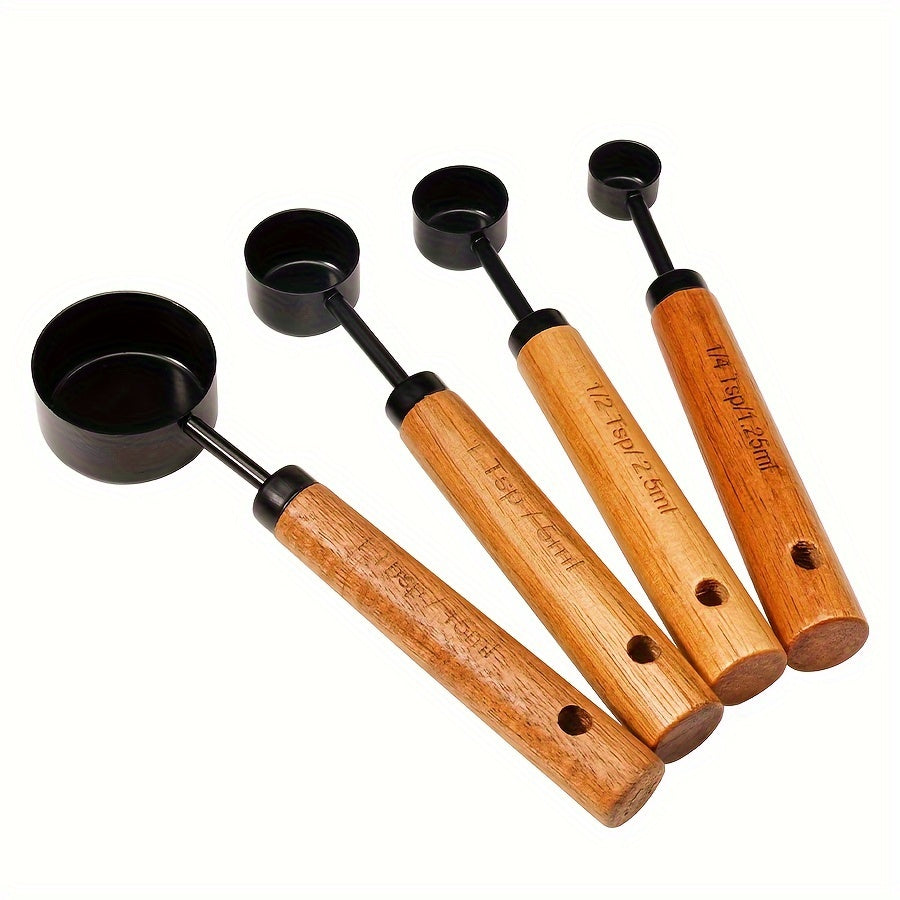 Set of 4 measuring cups and 4 measuring spoons with wooden handles, made of stainless steel. Includes graduated measurements for precise baking and cooking. A must-have tool for any kitchen, perfect for apartments and essential for cooking and baking