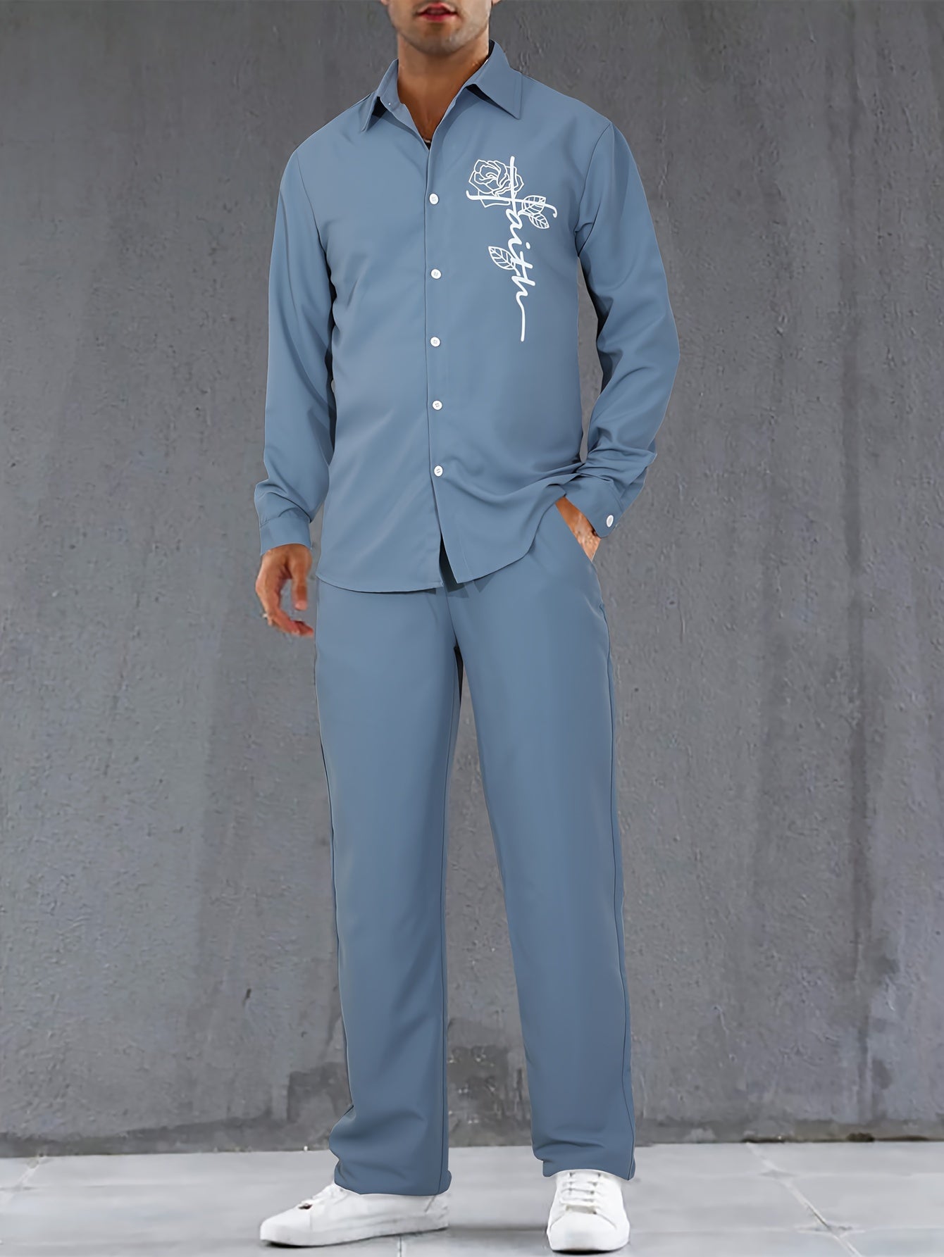 Men's printed casual shirt and drawstring trousers set.