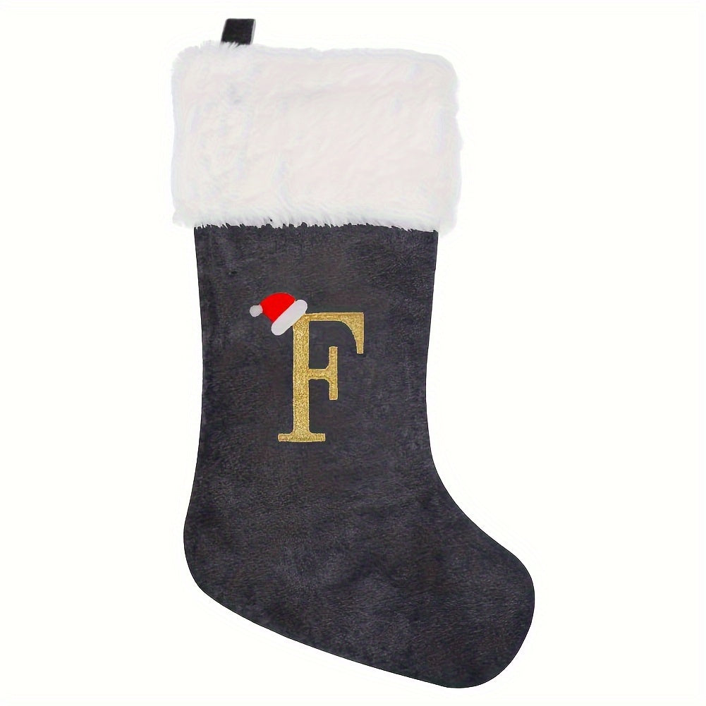 Modern Christmas stocking featuring 'HOME' embroidery in grey and white, made of polyester flannel, 43.18cm in length, feather-free, perfect holiday gift.