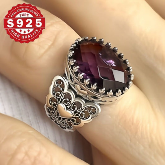 Handcrafted Filigree Art Detail 925 Sterling Silver Heart Cocktail Ring with Amethyst Gemstone, Ideal for Weddings and Parties, Durable for Everyday Wear