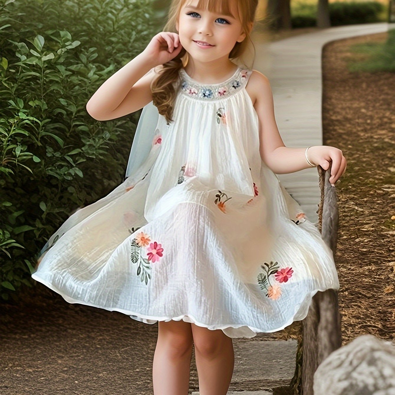 Summer floral sleeveless dress for girls, perfect for parties and everyday wear.