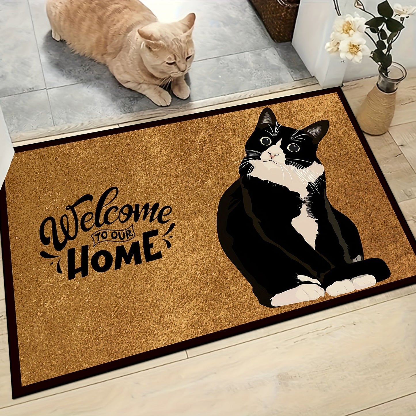 Retro Black & White Cat Welcome Doormat - 1 Piece, Made of Polyester Blend, Easy to Clean in the Washing Machine, Non-Slip Entryway Rug Ideal for Home Gaming Room Decor