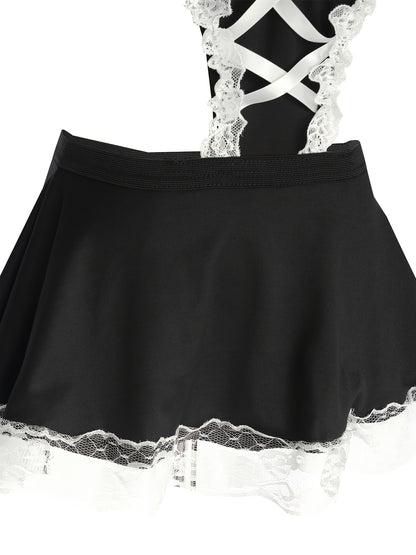 Sexy maid costume lingerie with halter necklace and lace trim.