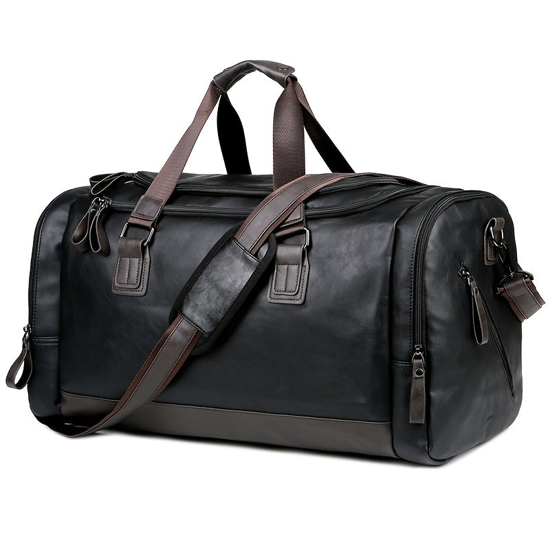 Large men's duffel bag with adjustable strap and multiple compartments, perfect for casual carry-on travel and weekend outings.