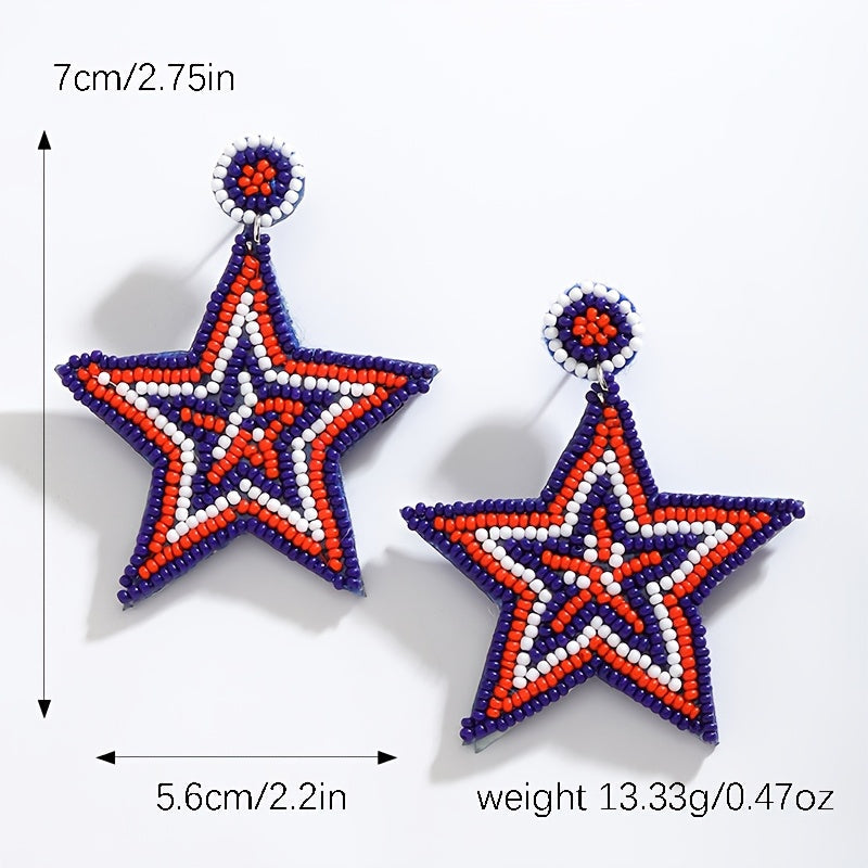 Handmade Boho Beaded Star & Heart Earrings with Patriotic Design, Dangle Earrings with Stainless Steel Posts, Bohemian Style All-Season Accessories for Daily and Festival Wear, Women's Fashion Jewelry