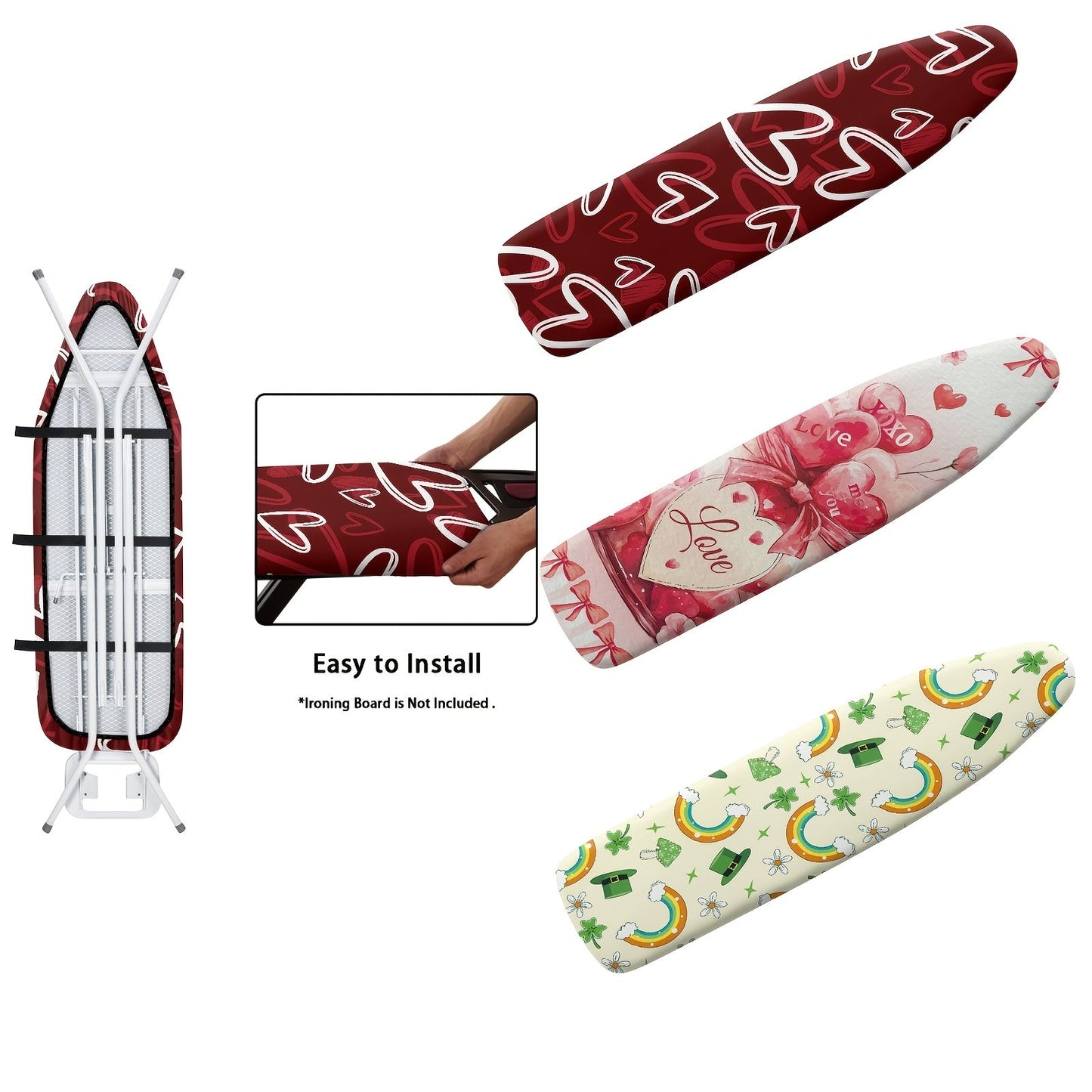 Transform your ironing board with the 1pc RSHUBINO Festive Ironing Board Cover. Made of polyester with an elastic edge and magic tape, this cover is dustproof and protective. Featuring charming heart and shamrock designs, it adds a festive touch to your