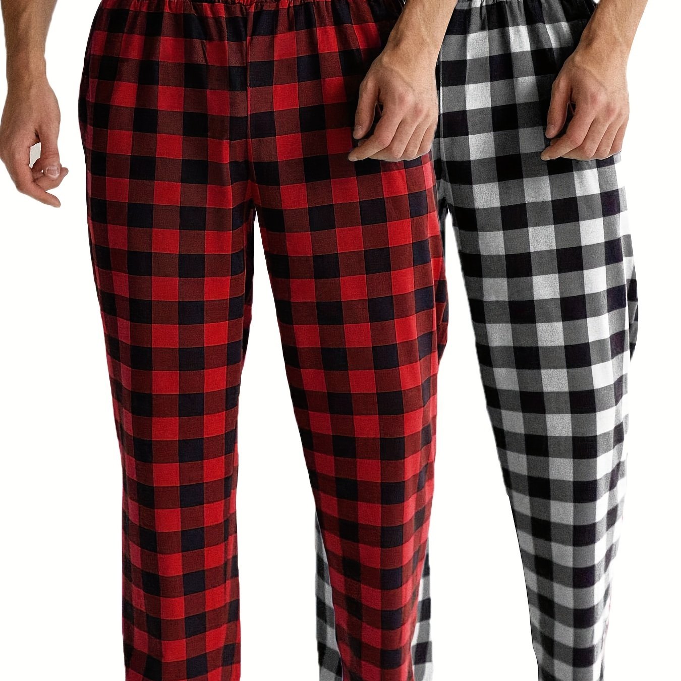 2-piece set of men's elastic waist brushed plaid sleep pants