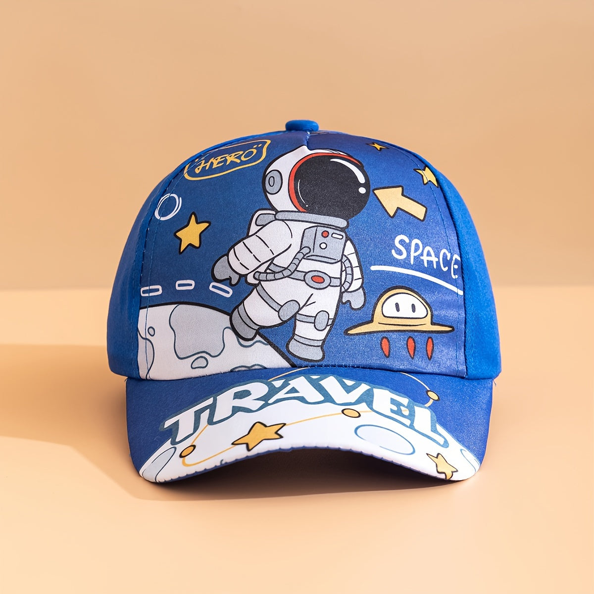 Astronaut-themed 2-piece set for boys - includes baseball cap and sling bag made of breathable polyester with star pattern. Features adjustable buckle and fits ages 3-14. Perfect for daily