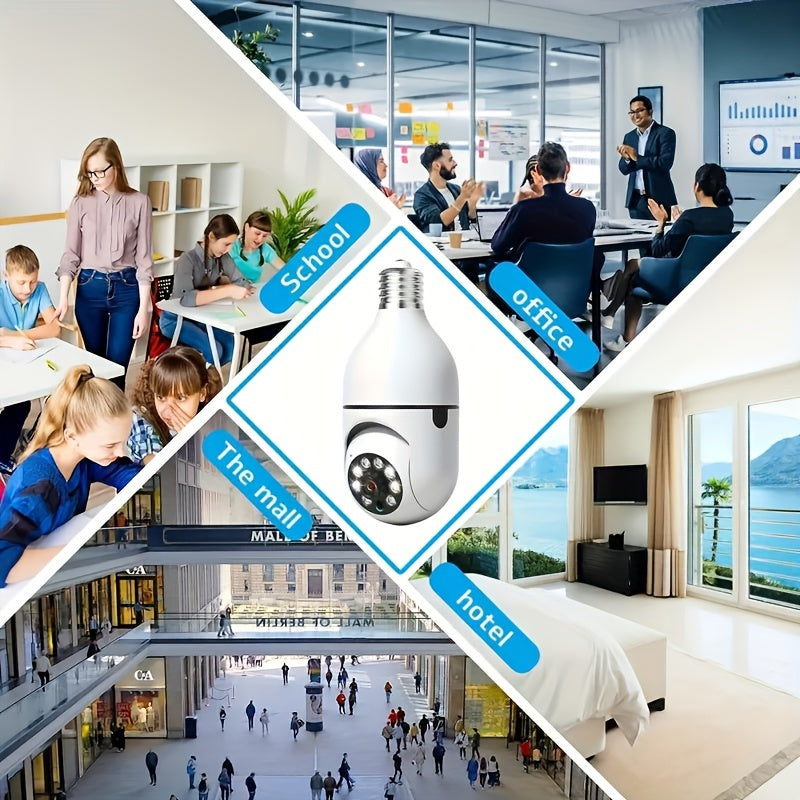 Upgrade your security with the 1080P HD Smart WiFi Light Bulb Camera! Featuring 355° PTZ, Motion Tracking, Two-Way Audio, Weatherproof design, Dual WiFi connectivity, and Alarm Notifications. This E27 Screw-In camera is the perfect security solution for