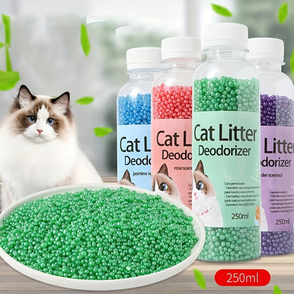 Natural plant-based cat litter deodorizer beads neutralize odors, create a fresh scent, and are pet-friendly and non-toxic.