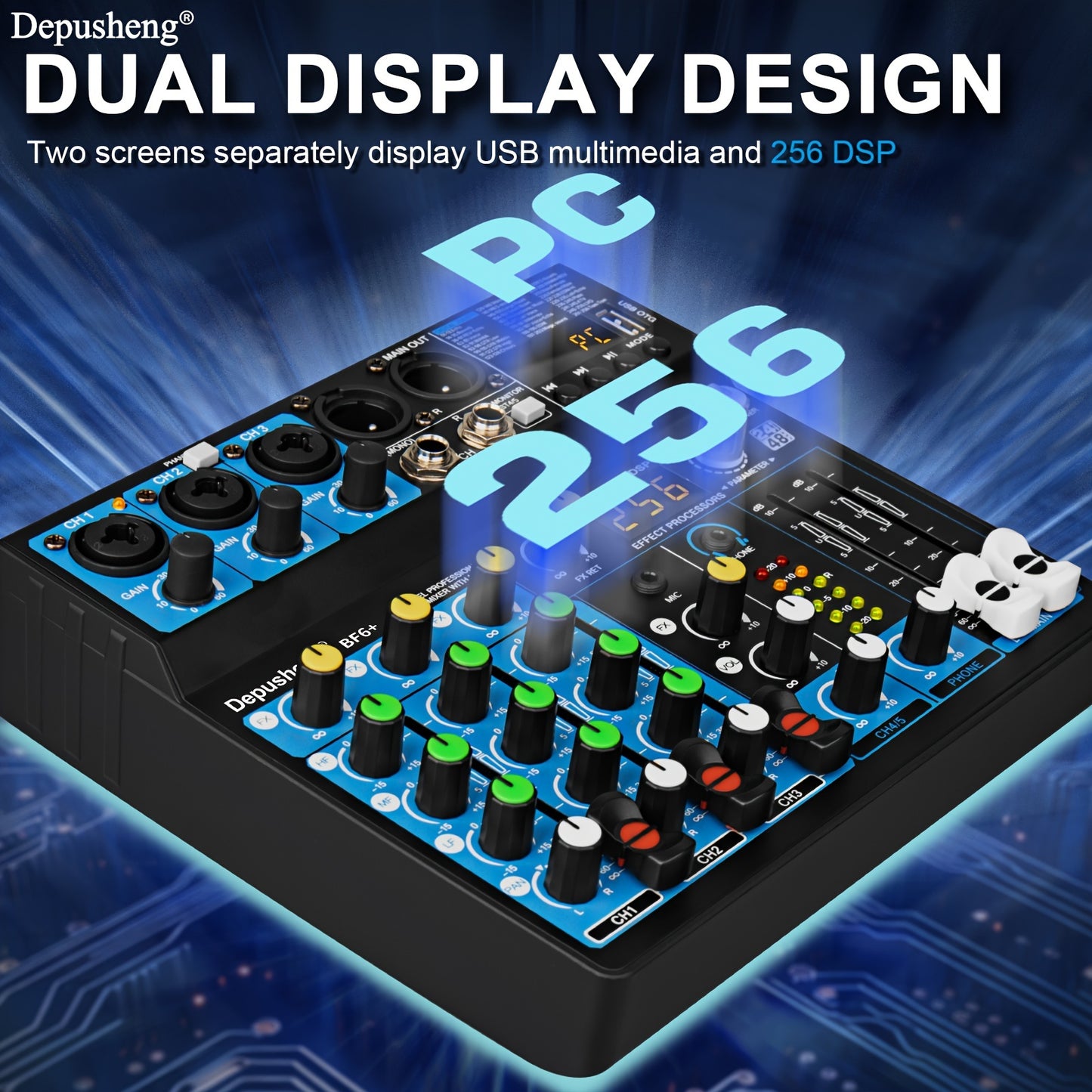 Depusheng Audio Mixer features USB, PC recording input, XLR microphone jack, and 99 DSP effects.