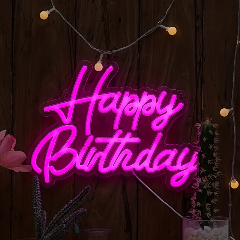 Neon "Happy Birthday" sign in vibrant blue, USB-powered, wall-mountable for festive room decor and celebrations.