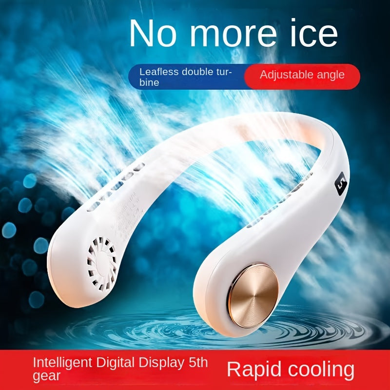 Stay cool on the go with our portable neck fan featuring a digital display, 5-speed wind options, leafless design, rechargeable lithium battery, USB charging capabilities, and a wearable design perfect for indoor and outdoor use. With key control for