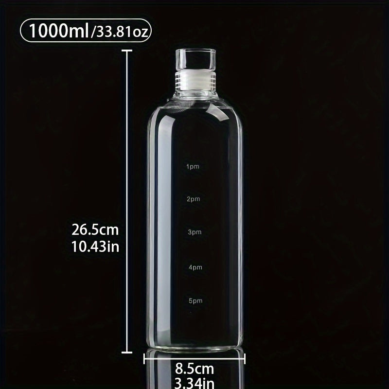 BPA-free glass water bottle with time marker for outdoor use, available in four sizes.