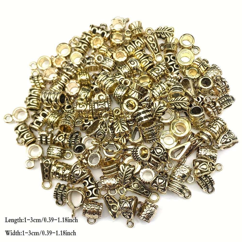 Get creative with these 120 pieces of Antique Golden Zinc Alloy Bail Tube Beads! Perfect for adding a touch of charm to your European bracelet pendants and other jewelry making projects. These versatile spacer beads are ideal for crafting accessories and