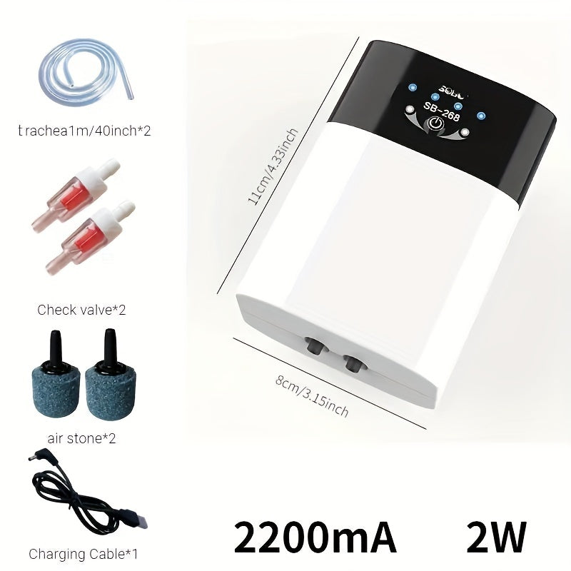 Rechargeable Fish Tank Air Pump with USB and battery power, semi-automatic, uses lithium battery-18650 series, includes 1-2 meter tube with air tube aerolite for aquarium.