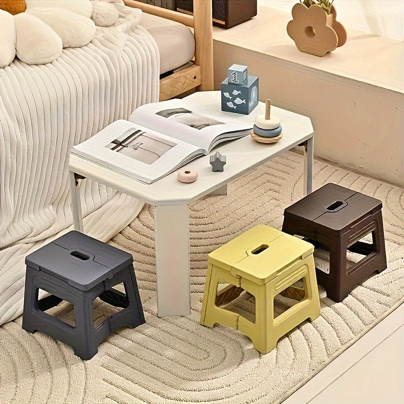 One piece of a square plastic folding stool that is adjustable - perfect for on-the-go use, slip-resistant, easy to store, can be used for various activities such as traveling and fishing, no assembly needed, suitable for individuals aged 14 and above