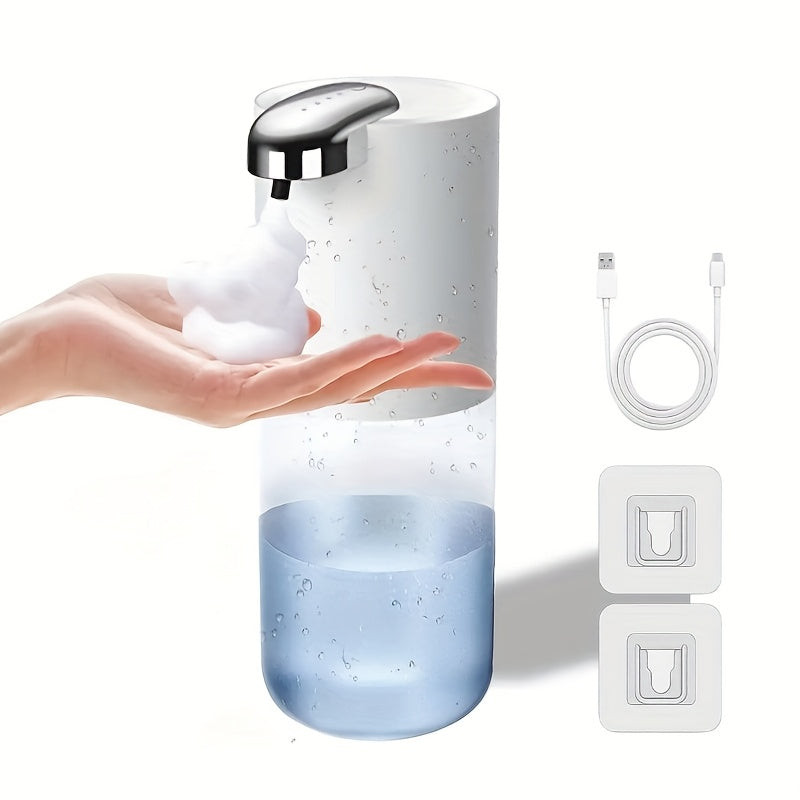 Wall-mounted 380ml Soap Dispenser with USB rechargeable battery offers touchless hand & lotion pump operation. Made of plastic with multi-level foaming press for bathroom use.