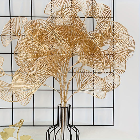 5 Glitzy Golden Ginkgo & Apricot Leaf Artificial Stems for year-round elegant home décor. Ideal for weddings, Christmas, winter, and spring decorations.