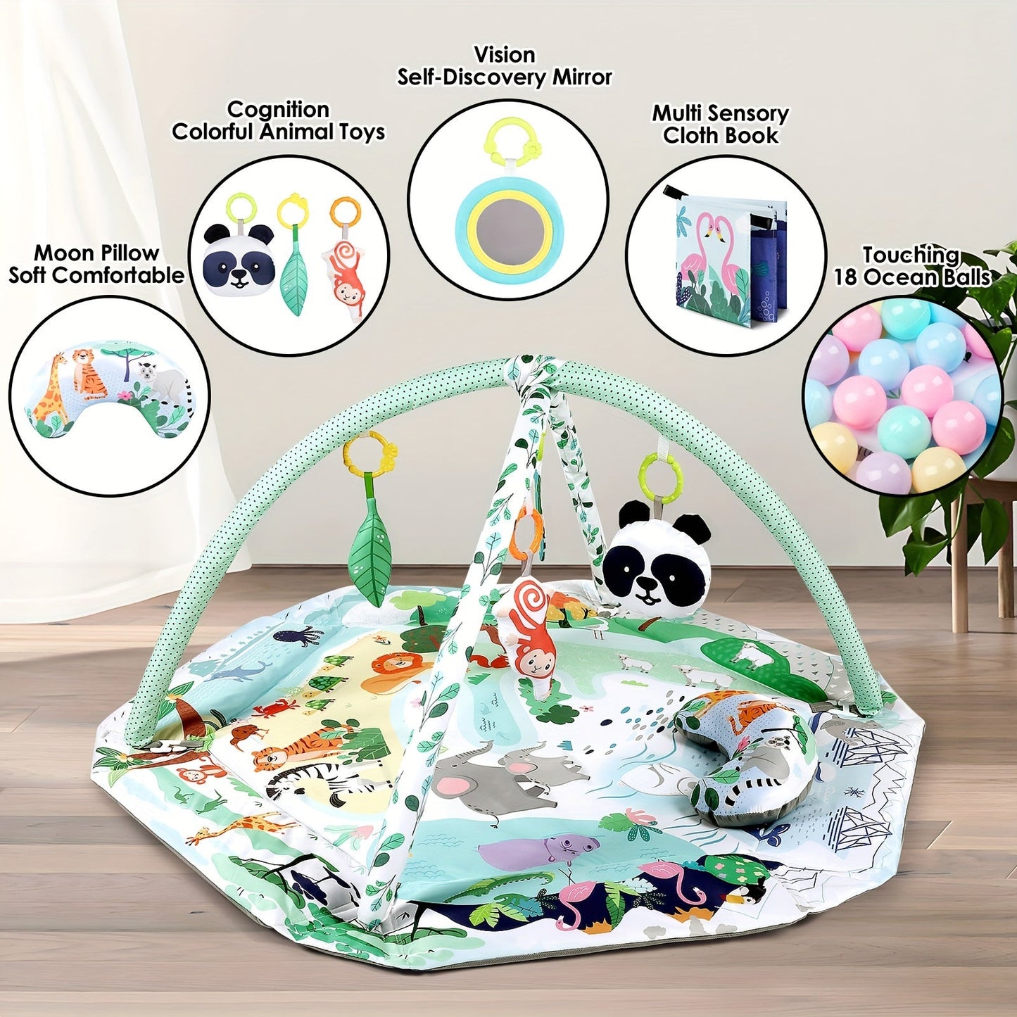 Multipurpose Prone Time Cushion with Youngsters's Fitness Activity Game Mat, Youngsters Floor Game Mat, and 6 Learning Sensory Toys. Enhance Youngsters's Sports Skills Development and create a Youngsters's Ball Pit experience with 18 Ocean Balls included.