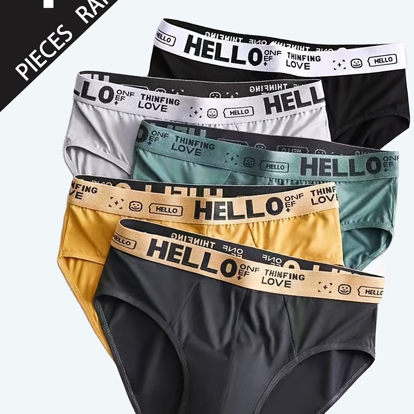 Four pairs of men's briefs with 'Hello' letter waistband in multiple solid colors, comfortable for daily wear.