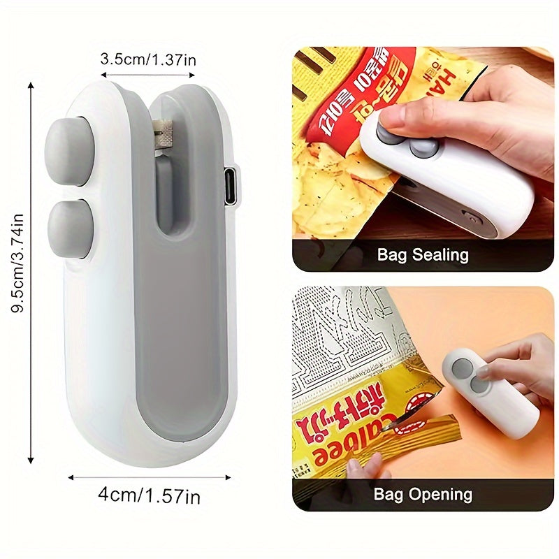 Portable Snack Sealer with Compact Design - Rechargeable via USB, Handheld Machine for Sealing Plastic Bags with Digital Display, Great for Home Use - Available in White and Gray colors.