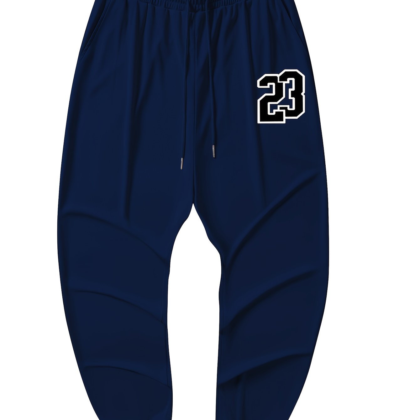 Plus size navy blue joggers with number 23 print, elastic waistband, machine washable.