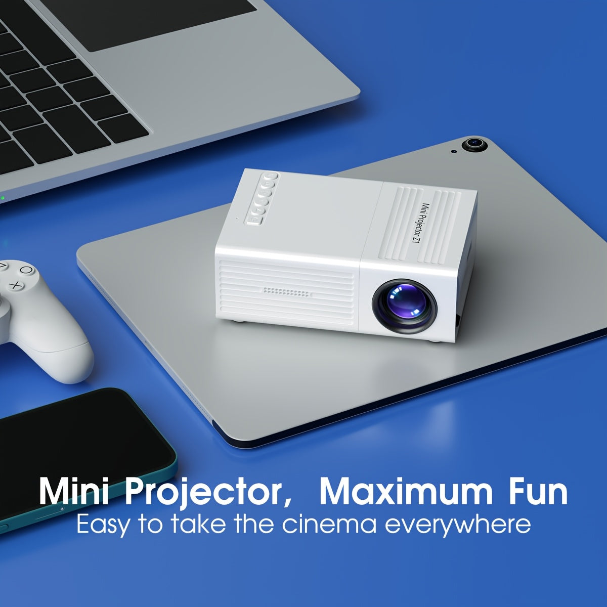 1080P portable projector with USB interface and remote control, compatible with various devices.