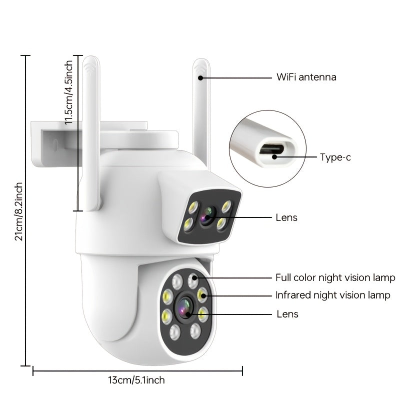 Introducing the ZHXINSD 4MP Dual Lens Wireless Security Camera. This WiFi-enabled camera is designed for outdoor use and features PTZ surveillance with auto tracking, AI human detection, color night vision, two-way audio, and IP65 waterproofing. Keep