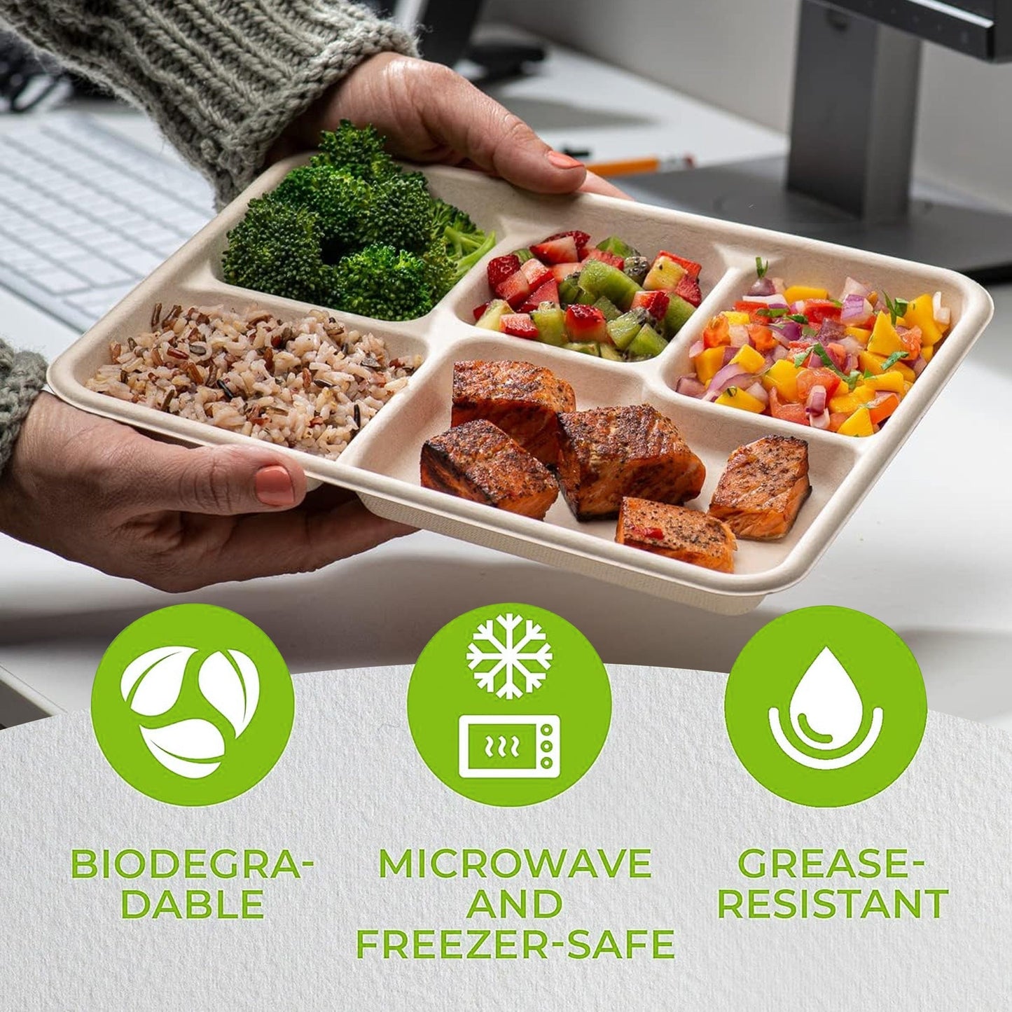 EcoChoice offers a 50-Pack of Compostable Dinner Plates with 5 Compartments, made from Biodegradable Sugarcane Fiber. These Rectangular Trays are perfect for Parties, Picnics, BBQs, and Kitchen Supplies.