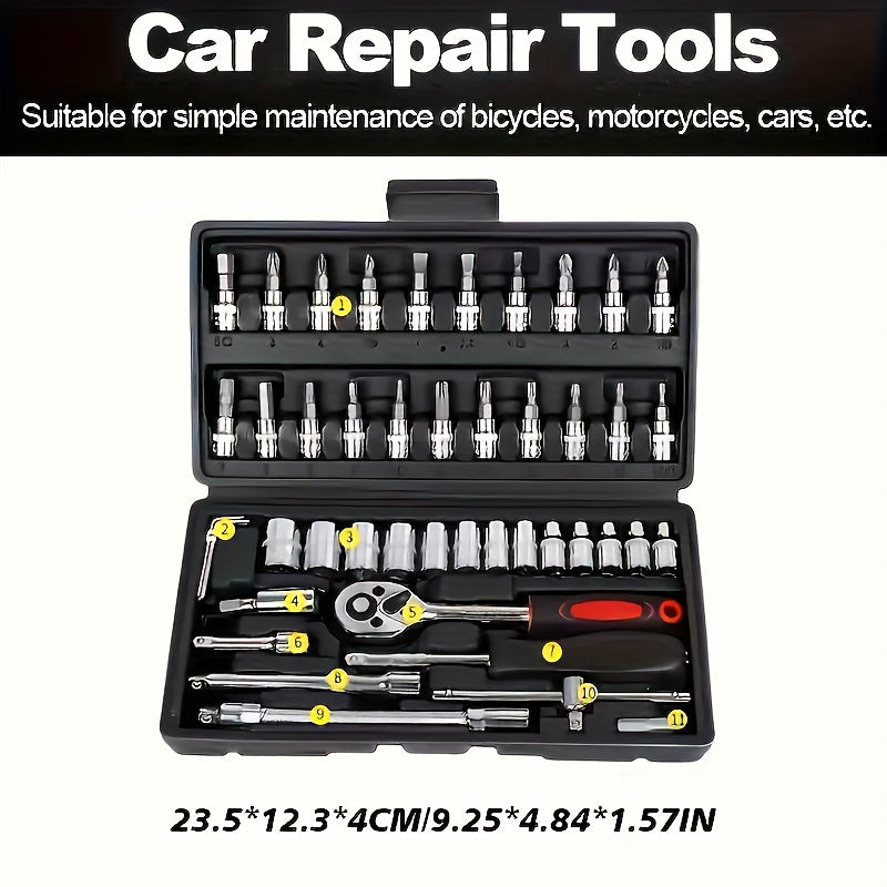 46 piece 1/4" Drive Ratchet Wrench Set with Metric and Extended Rod Drill Bit. Suitable for car repair and home use. High quality ratchet wrench and screwdriver set. Ultra portable with