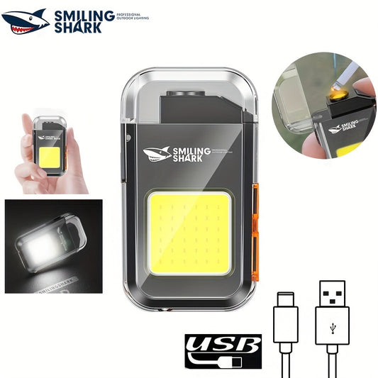 1pc Shark LED Flashlight & Lighter Combo - USB Type-C, 350-500 Lumens, Portable Work Light with COB Side Light for Camping - Includes Battery & Charging Cable