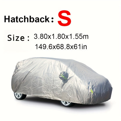 Car cover with UV and dust protection, suitable for cars, pickups, SUVs, and hatchbacks. Features reflective strip for added protection. Suitable for outdoor use.