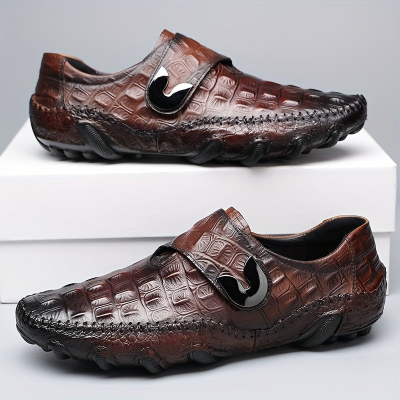 Men's Croc Effect Loafer Shoes with Hook and Loop Fastener, Comfy Non-slip Slip On Footwear.