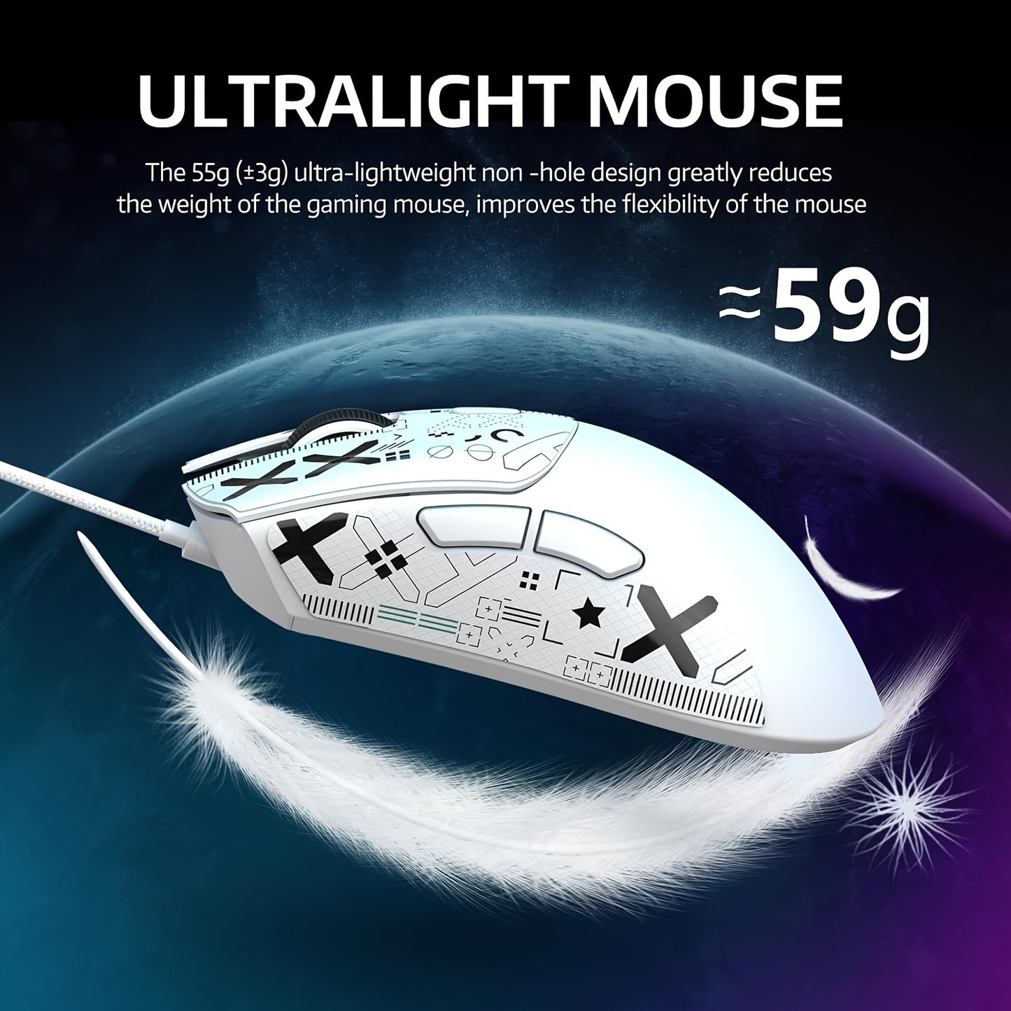 Attack Shark R1 59G Lightweight Wireless Gaming Mouse with Anti-Slip Stickers, 3 Modes (2.4Ghz/Wireless/Wired), 5 Programmable Buttons, 6 DPI Settings (Up to 18000), PAW3311 Sensor.