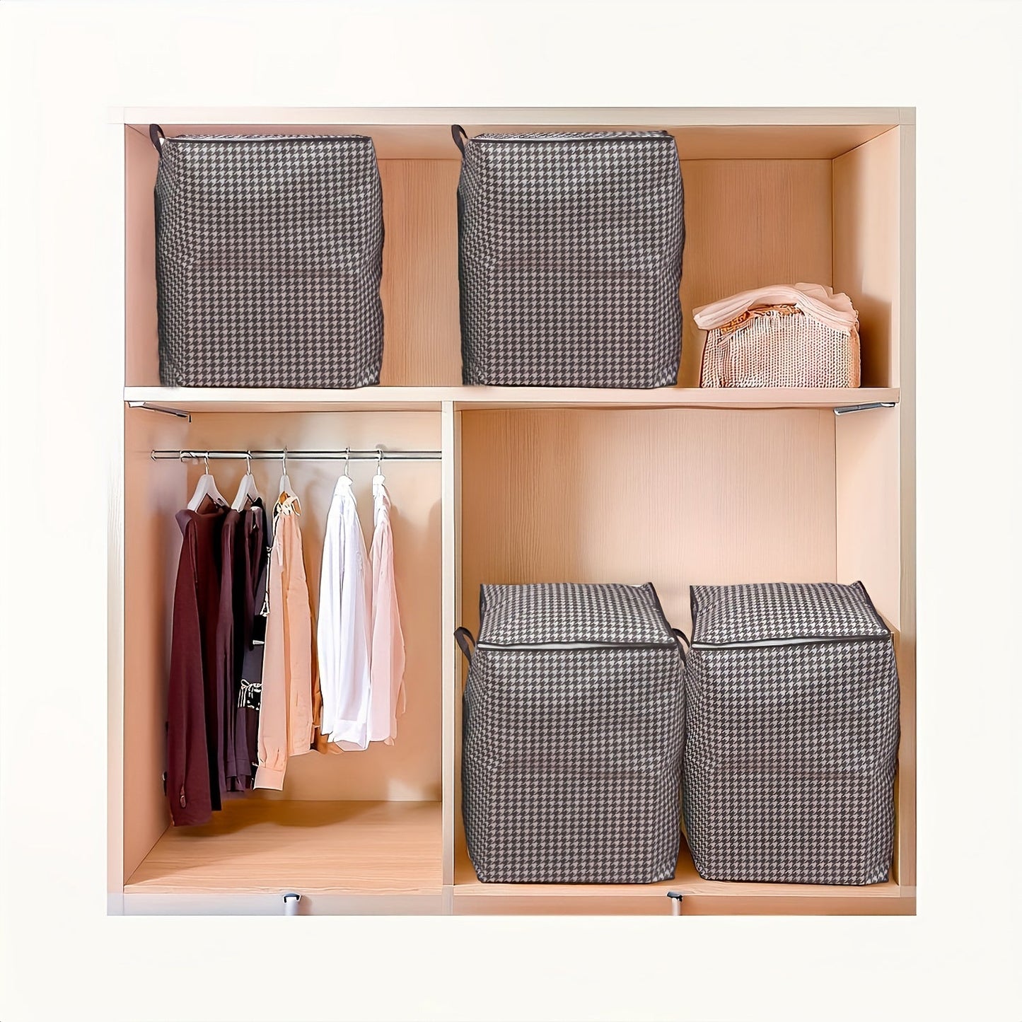 Set of 3 Modern Houndstooth Large Storage Bins with a Capacity of 180.0 L. These multipurpose thick fabric organizer boxes are dustproof and moisture-resistant, featuring dual zippers and handles for easy transportation. Perfect for storing home