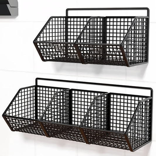 Wire fruit basket mounted on a wall, featuring three grid wire hanging compartments for kitchen or bathroom storage. Also doubles as a storage box, fruit rack, or wall-mounted storage solution for any room in the house.