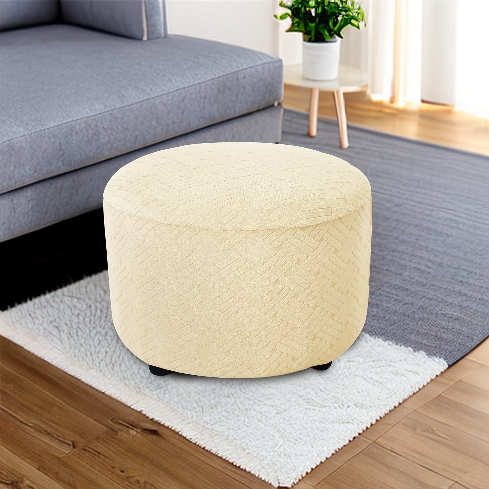 Round Jacquard footrest cover with high elasticity, suitable for foyer, living room, and bedroom. Anti-stain, anti-dust, and resistant to cat scratch and dog claw. Made of 200g plaid fabric, suitable for all seasons.