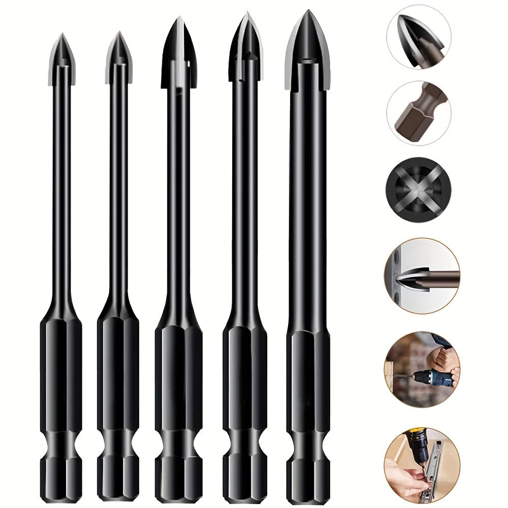 5pcs hexagonal shank cross reaming triangular drill bits for glass, ceramic, woodworking, and electric tools, with hard alloy accessory in 3/4/5/6/8mm sizes.